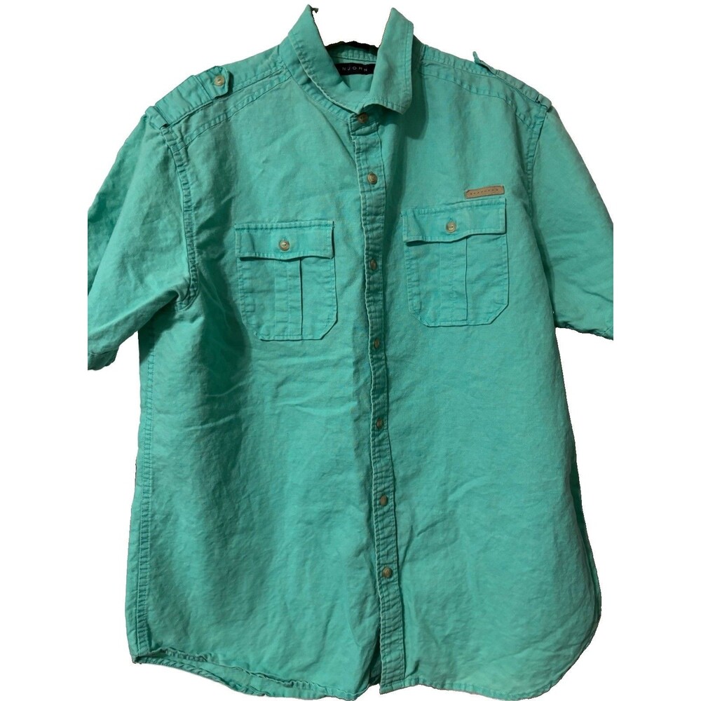 Sean John Original Fit Shirt Size L Mens Short Sleeve Green Button Linen Blend